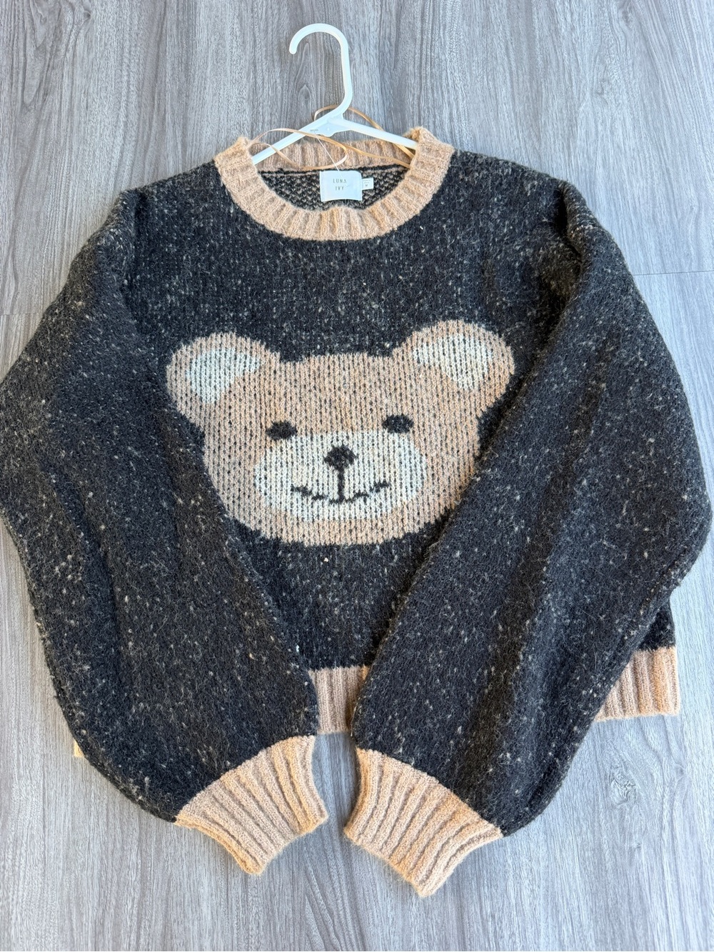 Luna Ivy Teddy Bear Knit Sweater Size M Charcoal Black Beige Intarsia Knit